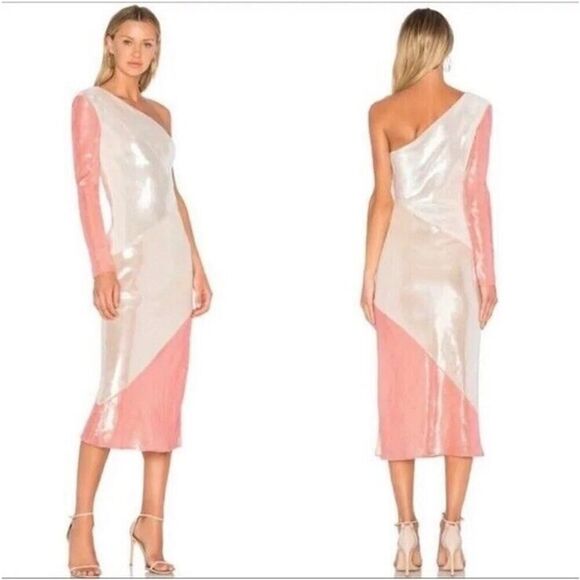 Diane Von Furstenberg BIAS STRIPE SEQUIN ONE SHOULDER SHEATH DRESS sz 4 - Picture 3 of 16